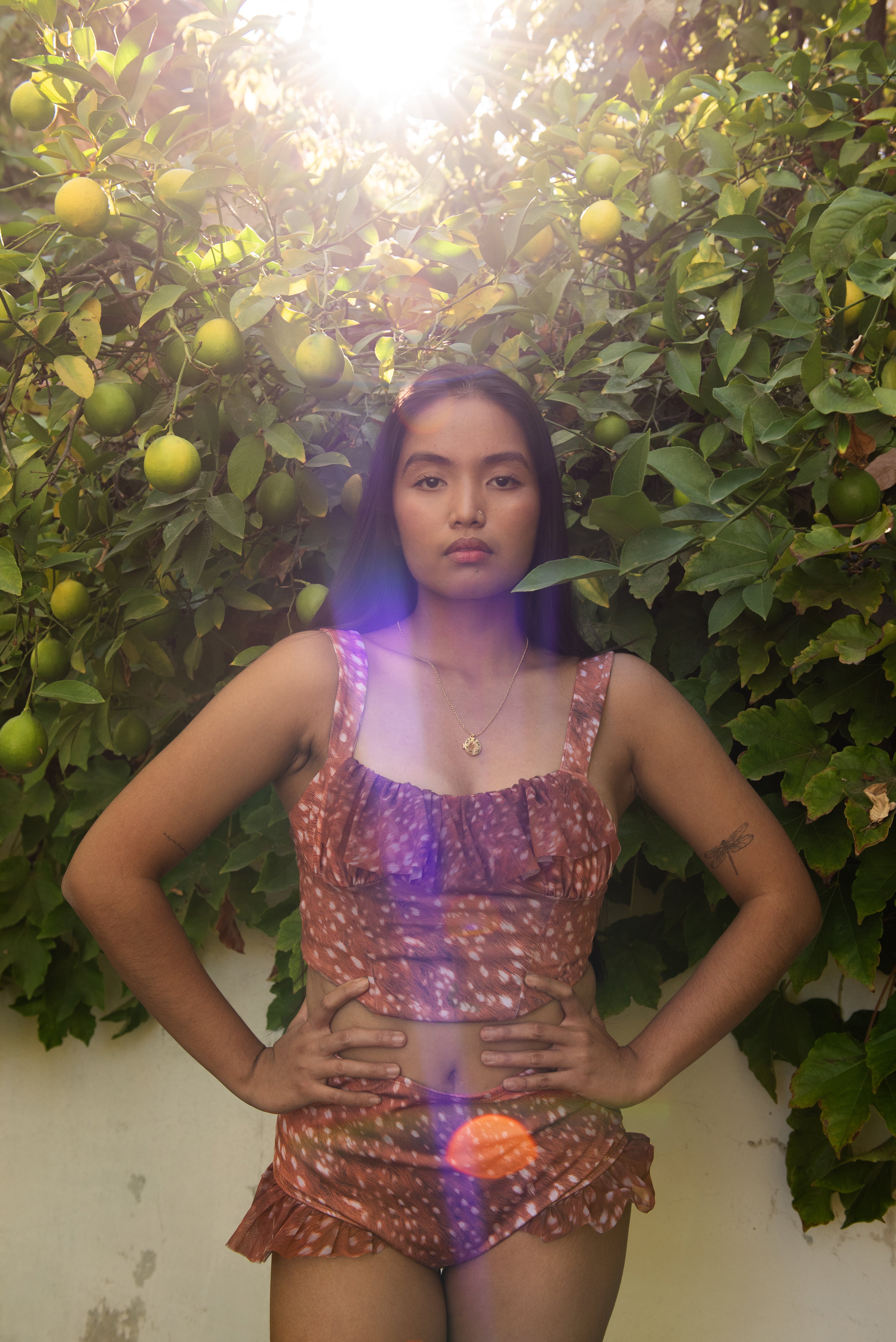 The "Doe-Eyed" Corset Tankini Top in Dappled Fawn Print GOLDEN BROWN