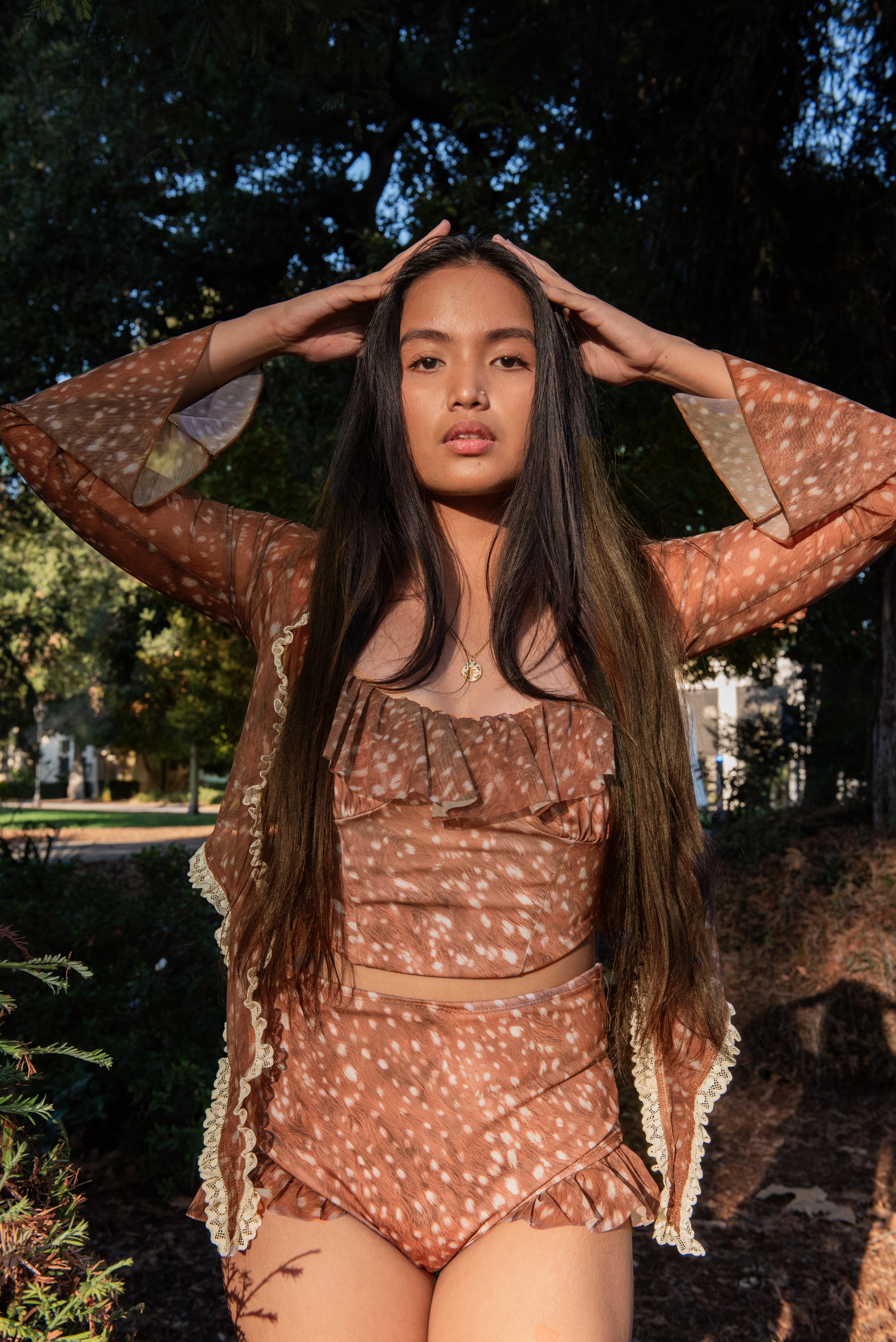 The "Whisper" Sheer Mesh & Lace Bolero Top Dappled Fawn GOLDEN BROWN