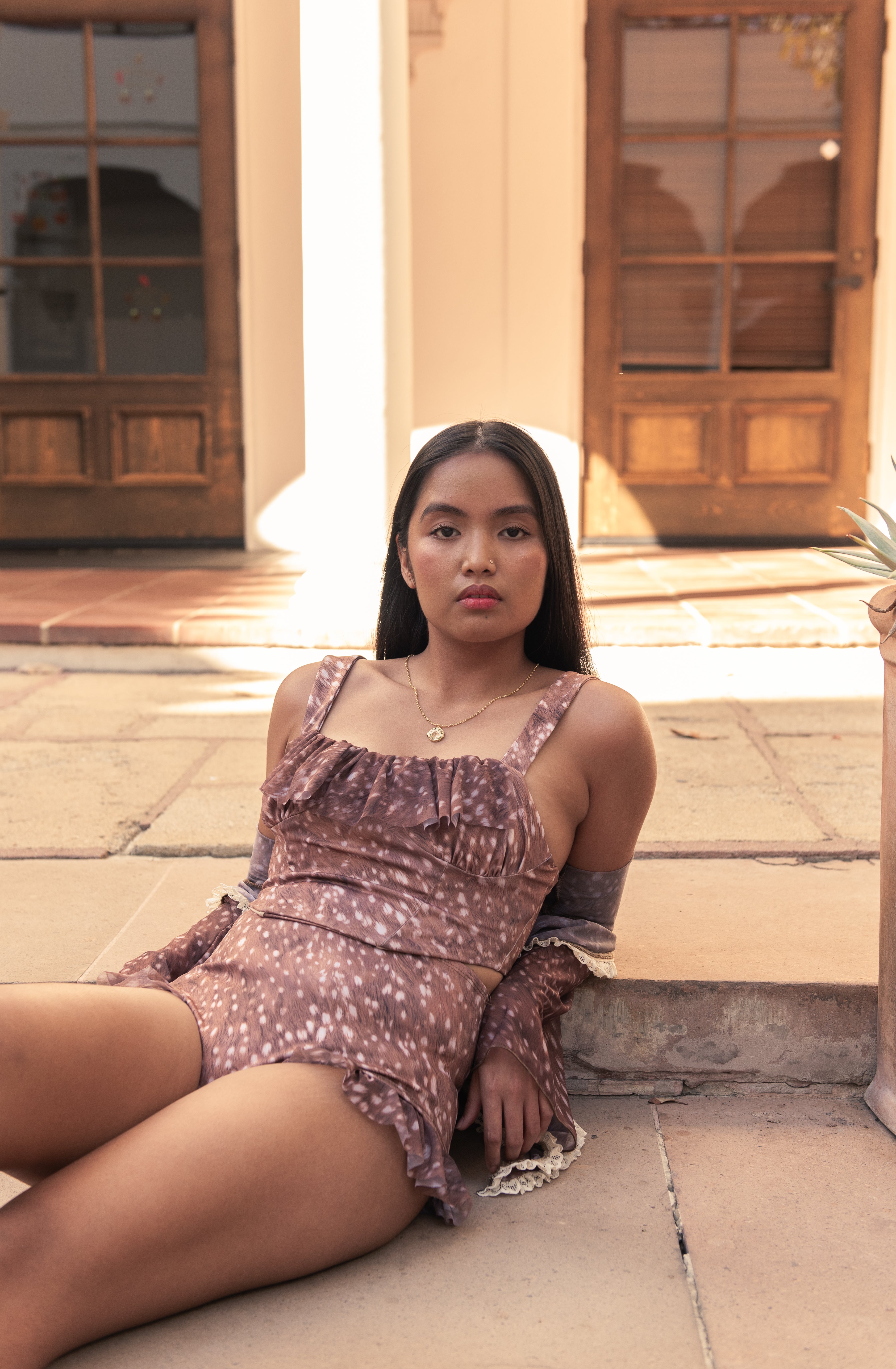 The "Doe-Eyed" Corset Tankini Top in Dappled Fawn Print SOFT BROWN
